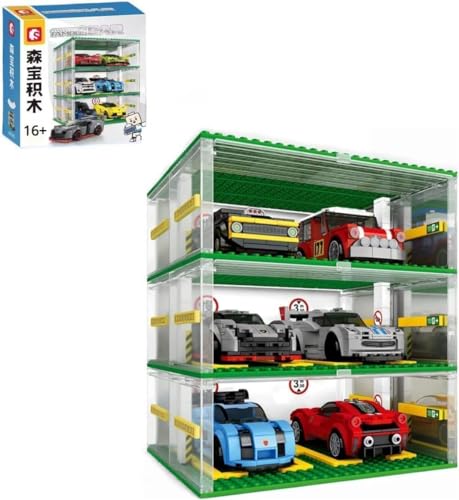 Garage für Speed Champions Autos, DIY Transparentes Parkhaus Modellauto Bausatz, DIY Vitrine 3-Schicht Carport Kompatibel mit Bausteine Sportwagen(Ohne Autos) (1Pcs) von APRILA