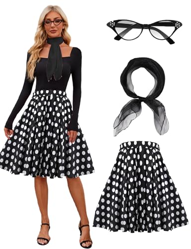 APRROOT 50er-Jahre Outfit für Damen, Übergröße, gepunktet, Pudelröcke, Halloween-Kostüm, Socken-Hop-Outfits, hohe Taille, A-Linie, plissiert, Reteo, Partyröcke, schwarz, XL APRROOT 50er-Jahre Outfit für Damen, Übergröße, gepunktet, Pudelröcke, Halloween-Kostüm, Socken-Hop-Outfits, hohe Taille, A-Linie, plissiert, Reteo, Partyröcke, schwarz, XL von APRROOT