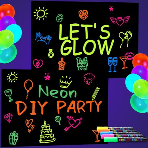 Glow in the Dark Party Supplies - Let's Glow Fotografie Hintergrund Set enthalten schwarze Graffiti Papiere und Multicolor fluoreszierende Stifte für Neon Party Dekorationen von APUXXJUPA