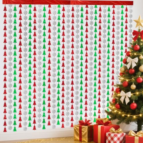 Weihnachtsvorhänge - Weihnachtsbaum Schneeflocke Muster Rot Silber Grün Tinsel Metallic Photo Booth Requisiten Hintergrund Streamers für Weihnachtsparty Dekorationen Neues Jahr von APUXXJUPA