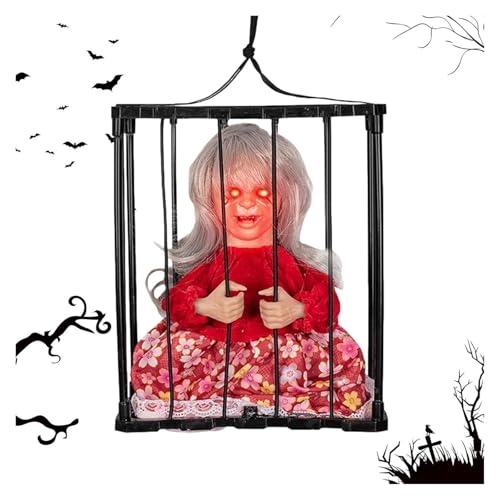 Schreiende animierte Halloween-Dekorationen | Animierte Terror-Spukhaus-Dekorationsrequisite, gruseliger Gefangenenkäfig, schreiendes Halloween-Dekor mit Bewegungs- und Lichtsensor(D) von AQCDPJYU