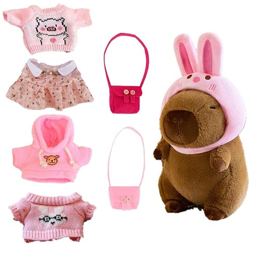 AQCQDQ 23cm Capybara Kuscheltier, Capybara Plüsch Mit Kleidung Und Accessoires 6st, Capybara Puppenbekleidung Anziehen Puppenkostüm Puppenzubehör Garn Für Mädchen Und Jungen (#A) von AQCQDQ