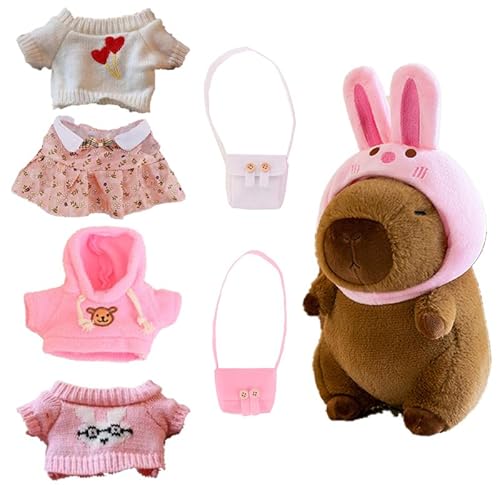 AQCQDQ 23cm Capybara Kuscheltier, Capybara Plüsch Mit Kleidung Und Accessoires 6st, Capybara Puppenbekleidung Anziehen Puppenkostüm Puppenzubehör Garn Für Mädchen Und Jungen (#C) von AQCQDQ