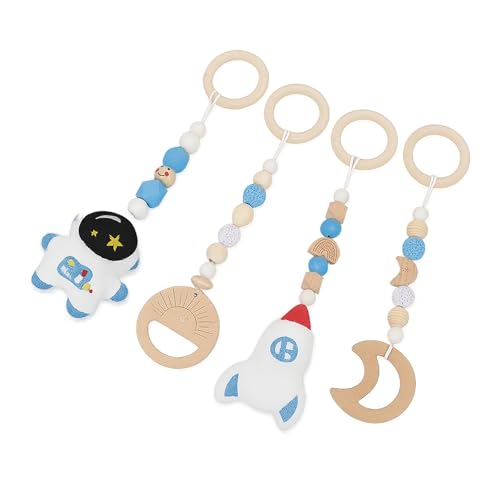 AQCQDQ 4 Stück Anhänger Spielzeuge Set für Baby, Spielbogen Baby Holz, Kinderwagenkette Holz, Hängende Spielzeug für Neugeborenen Shower Geschenk (Blauer Anhänger) von AQCQDQ