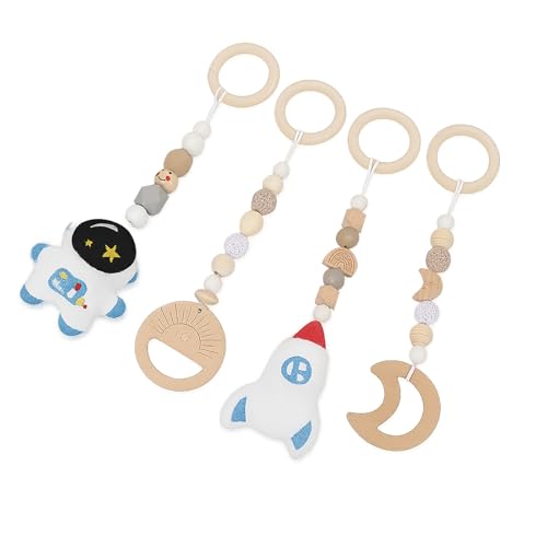 AQCQDQ 4 Stück Anhänger Spielzeuge Set für Baby, Spielbogen Baby Holz, Kinderwagenkette Holz, Hängende Spielzeug für Neugeborenen Shower Geschenk (Grauer Anhänger) von AQCQDQ