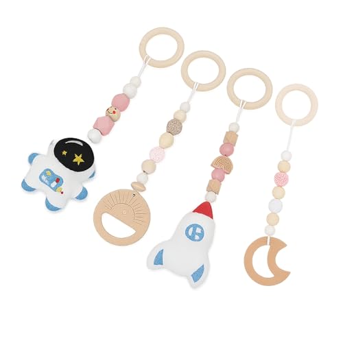 AQCQDQ 4 Stück Anhänger Spielzeuge Set für Baby, Spielbogen Baby Holz, Kinderwagenkette Holz, Hängende Spielzeug für Neugeborenen Shower Geschenk (Rosa Anhänger) von AQCQDQ