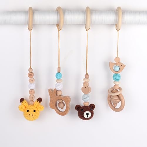 AQCQDQ 4 Stück Spielbogen Baby Spielzeug ab 0 Monate, Hängespielzeug Kinderwagen, Spielebogen Babies Holz Anhänger Baby Gym Spielzeug für Babyschale Babybett Autositz (Blau) von AQCQDQ