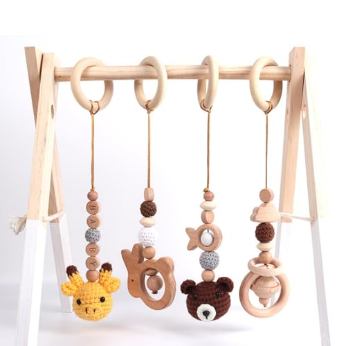 AQCQDQ 4 Stück Spielbogen Baby Spielzeug ab 0 Monate, Hängespielzeug Kinderwagen, Spielebogen Babies Holz Anhänger Baby Gym Spielzeug für Babyschale Babybett Autositz (Braun) von AQCQDQ