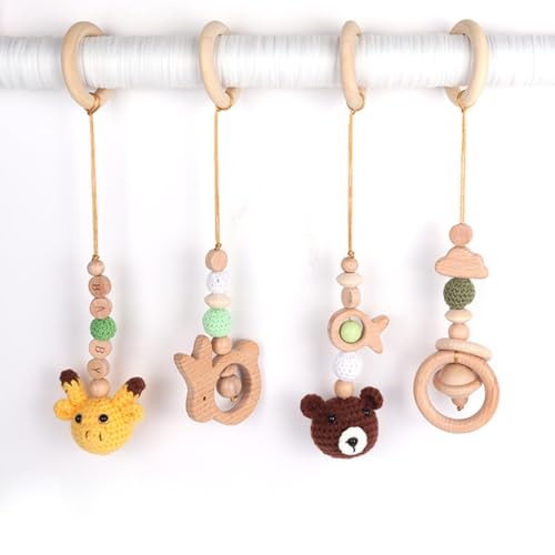 AQCQDQ 4 Stück Spielbogen Baby Spielzeug ab 0 Monate, Hängespielzeug Kinderwagen, Spielebogen Babies Holz Anhänger Baby Gym Spielzeug für Babyschale Babybett Autositz (Grün) von AQCQDQ
