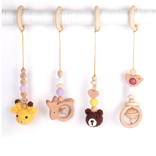AQCQDQ 4 Stück Spielbogen Baby Spielzeug ab 0 Monate, Hängespielzeug Kinderwagen, Spielebogen Babies Holz Anhänger Baby Gym Spielzeug für Babyschale Babybett Autositz (Lila) von AQCQDQ