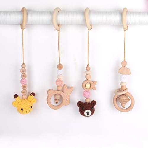 AQCQDQ 4 Stück Spielbogen Baby Spielzeug ab 0 Monate, Hängespielzeug Kinderwagen, Spielebogen Babies Holz Anhänger Baby Gym Spielzeug für Babyschale Babybett Autositz (Rosa) von AQCQDQ