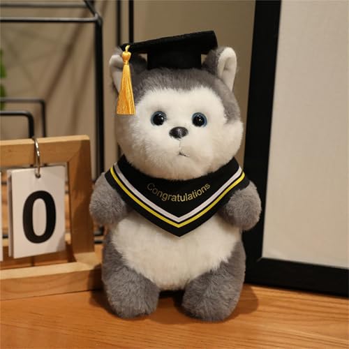 AQCQDQ Abschluss Kuscheltier Geschenk, Plüschtier Panda Fuchs Husky Hund Mit Bachelor-Hut Kuscheltier Abschlussfeier Deko, Abschluss Geschenk Schüler Kindergarten Grundschule (Husky,Gelb) von AQCQDQ
