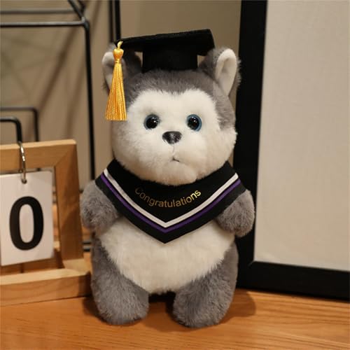 AQCQDQ Abschluss Kuscheltier Geschenk, Plüschtier Panda Fuchs Husky Hund Mit Bachelor-Hut Kuscheltier Abschlussfeier Deko, Abschluss Geschenk Schüler Kindergarten Grundschule (Husky,Lila) von AQCQDQ