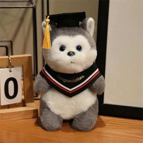 AQCQDQ Abschluss Kuscheltier Geschenk, Plüschtier Panda Fuchs Husky Hund Mit Bachelor-Hut Kuscheltier Abschlussfeier Deko, Abschluss Geschenk Schüler Kindergarten Grundschule (Husky,Rot) von AQCQDQ