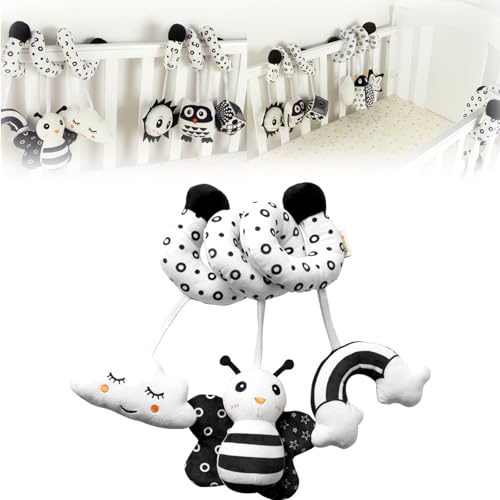 AQCQDQ Baby Activity Spielzeug Spirale Hängespielzeug, Kinderwagen Spielzeug Babyschale Spielzeug, Schwarz-Weißes Stoff-Spirale zum Greifen und Fühlen mit Glocke Spielzeug (Biene) von AQCQDQ