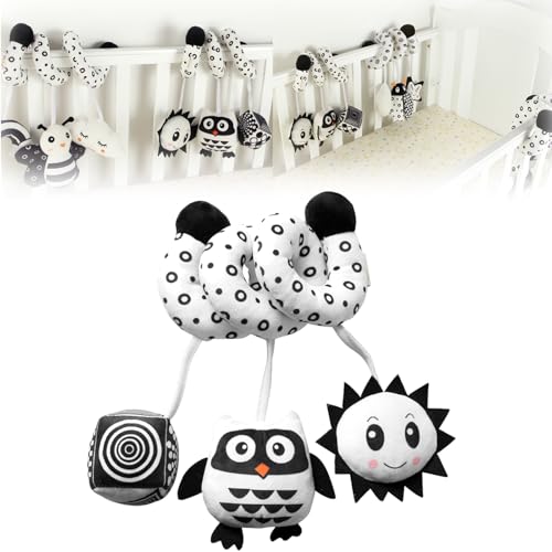 AQCQDQ Baby Activity Spielzeug Spirale Hängespielzeug, Kinderwagen Spielzeug Babyschale Spielzeug, Schwarz-Weißes Stoff-Spirale zum Greifen und Fühlen mit Glocke Spielzeug (Eule) von AQCQDQ
