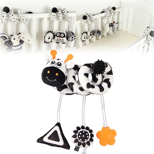 AQCQDQ Baby Activity Spielzeug Spirale Hängespielzeug, Kinderwagen Spielzeug Babyschale Spielzeug, Schwarz-Weißes Stoff-Spirale zum Greifen und Fühlen mit Glocke Spielzeug (Hirsch) von AQCQDQ