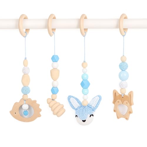 AQCQDQ Baby Gym Anhänger 4 Stück, Anhänger Spielbogen Kinder Holz, Kinderwagenkette, Spielbogen Baby Spielzeug ab 0 Monate, für Mädchen Jungen (Blau) von AQCQDQ