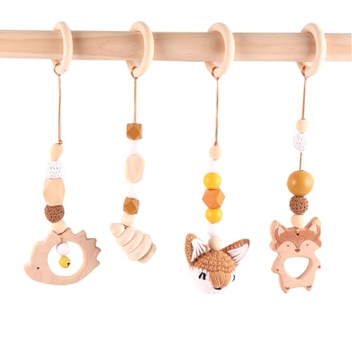 AQCQDQ Baby Gym Anhänger 4 Stück, Anhänger Spielbogen Kinder Holz, Kinderwagenkette, Spielbogen Baby Spielzeug ab 0 Monate, für Mädchen Jungen (Braun) von AQCQDQ