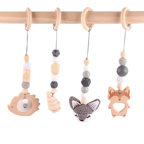 AQCQDQ Baby Gym Anhänger 4 Stück, Anhänger Spielbogen Kinder Holz, Kinderwagenkette, Spielbogen Baby Spielzeug ab 0 Monate, für Mädchen Jungen (Grau) von AQCQDQ