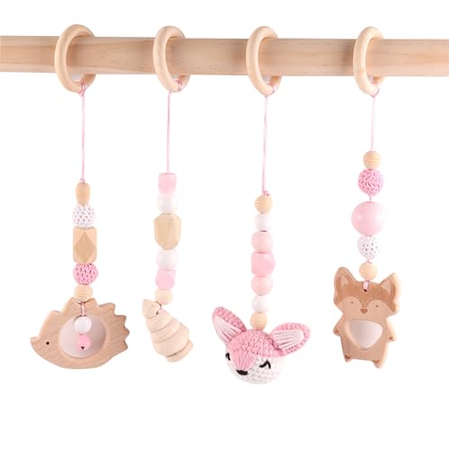 AQCQDQ Baby Gym Anhänger 4 Stück, Anhänger Spielbogen Kinder Holz, Kinderwagenkette, Spielbogen Baby Spielzeug ab 0 Monate, für Mädchen Jungen (Rosa) von AQCQDQ