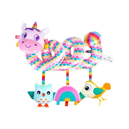 AQCQDQ Babyschale Spielzeug, Kinderwagenkette mit Einhorn Elefanten Mustern, kinderwagenkette mädchen, Hängendes Spiral Plüsch Spielzeug für Kinderbett, Autositz, Babyschale (28 * 24 cm,Einhorn) von AQCQDQ