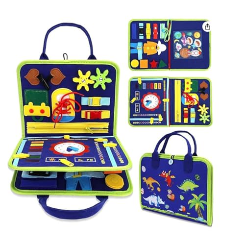 AQCQDQ Busy Board Ab 1 Jahr, Montessori Spielzeug 3D Filz Bauernhof Busy Book Förderung Feinmotorischen Fähigkeiten,Frühes Lernspielzeug für Kinder, DIY Dinosaurier Activity Buch (Blau) von AQCQDQ