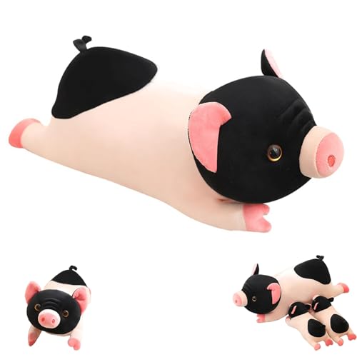 AQCQDQ Ferkel Kuscheltier Spielzeug Kissen Lang, Simulation Schwein Ferkel Puppe, Niedliches Schwein Stofftier Rosa Schwarz Schweinchen Plüschtiere Geschenk Zum Kuscheln & Spielen (20 cm) von AQCQDQ