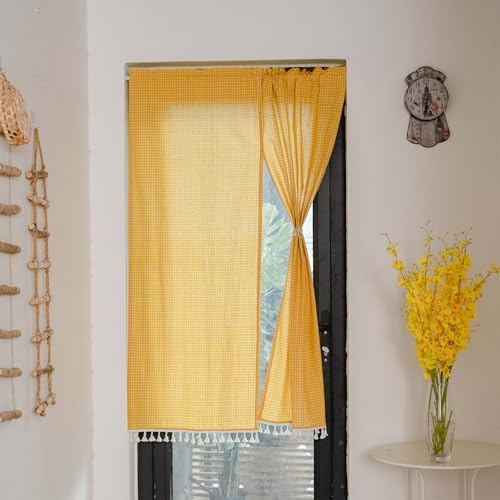 AQCQDQ Halbtransparenter Vorhangvolant, Voile Scheibengardinen Kurzstore Landhausstil, Bistrogardine Moderne Kleines Fenstervorhang Küchengardine Für Café Balkontür Und Fenster (90x140cm,Gelb-B) von AQCQDQ