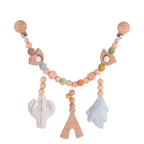 AQCQDQ Kinderwagen Spielzeug, Kinderwagenkette Holz Baby, Kinderwagenkette Aus Holz und Baumwolle Gehäkelt, Baby Geschenk zur Geburt ab 0+ Monaten (Blatt-Kaktus) von AQCQDQ