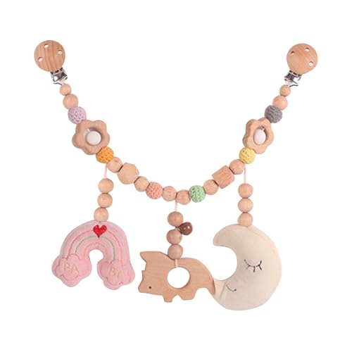 AQCQDQ Kinderwagen Spielzeug, Kinderwagenkette Holz Baby, Kinderwagenkette Aus Holz und Baumwolle Gehäkelt, Baby Geschenk zur Geburt ab 0+ Monaten (Regenbogen-Mond) von AQCQDQ
