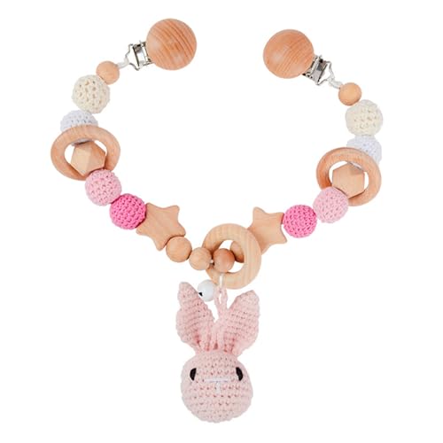 AQCQDQ Kinderwagenkette Holz Baby, Niedliche Tierform Kinderwagenspielzeug, Kinderwagen Kette Baby Mobile, Babyschale Spielzeug für Babys (Rosa Kaninchen) von AQCQDQ