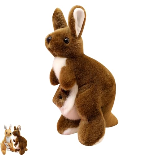AQCQDQ Kuscheltier Känguru Plüschtier, Süßes Kuscheltier Mutter und Kind Känguru, Realistisch Flauschiges Stofftier Känguru zum Kuscheln, Spielen und Schlafen (Braun) von AQCQDQ