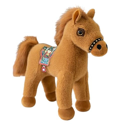 AQCQDQ Lebensechtes Stehendes Pferd Plüschtier 25cm, Realistische Simulation Stofftier Kuscheltier für Kinder und Erwachsene Zimmerdekoration Wurfkissen als Geschenk (35 cm,Khaki-Sattel) von AQCQDQ