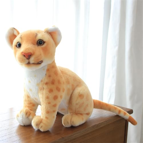 AQCQDQ Leopard Kuscheltier, Lebensechtes Schneeleopard Plüschtier Stofftier Spielzeug, Simulation Leopard Puppe Süße Flauschig Wildtier Modell Home Office Kawaii Deko Zum Kuscheln (27 cm,Löwe) von AQCQDQ