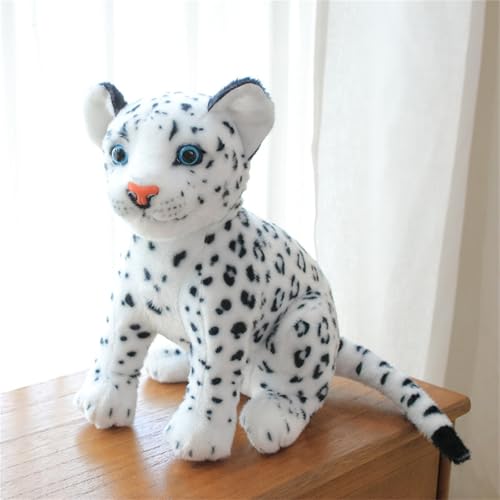 AQCQDQ Leopard Kuscheltier, Lebensechtes Schneeleopard Plüschtier Stofftier Spielzeug, Simulation Leopard Puppe Süße Flauschig Wildtier Modell Home Office Kawaii Deko Zum Kuscheln (33 cm,Weiß) von AQCQDQ