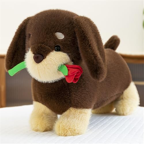 AQCQDQ Plüsch-Hund, Kuscheltier Hund, Realistischer Plüschtier Hund, Süßer Hund Mit Rosenblüten Plüschtier, Kuscheltier Stofftier für Kinder (45 cm,Braun) von AQCQDQ