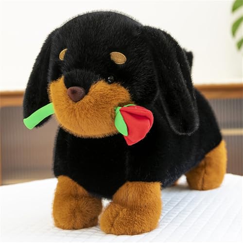 AQCQDQ Plüsch-Hund, Kuscheltier Hund, Realistischer Plüschtier Hund, Süßer Hund Mit Rosenblüten Plüschtier, Kuscheltier Stofftier für Kinder (45 cm,Schwarz) von AQCQDQ