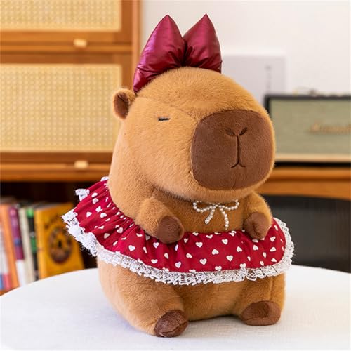 AQCQDQ Plüschtier Capybara Kuscheltier, Niedliche Capybara Plüschkissen, Plushies im geblümten Kleid und mit Schleifen-Kopfschmuck, Geschenk für Kinder (21 cm,Rot) von AQCQDQ