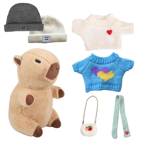 AQCQDQ Puppenbekleidung für 27cm Puppen mit Pullover und Zubehör, Simulation Capybara Plüschtier Mit 6pcs Kleidung Und Accessoires, Mini zarte Puppenkleidung Capybara Plüsch (#A) von AQCQDQ