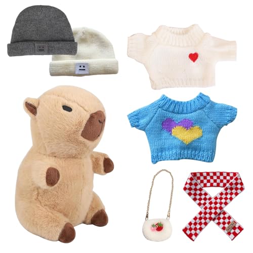 AQCQDQ Puppenbekleidung für 27cm Puppen mit Pullover und Zubehör, Simulation Capybara Plüschtier Mit 6pcs Kleidung Und Accessoires, Mini zarte Puppenkleidung Capybara Plüsch (#D) von AQCQDQ