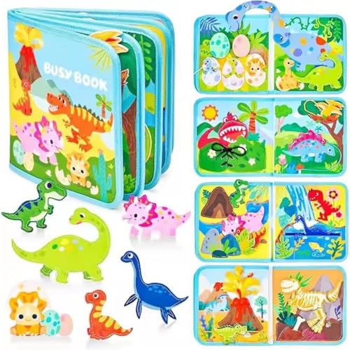 AQCQDQ Quiet Book, Montessori Spielzeug 2 Jahre, Das interaktive Baby Stille Buch, Weichem Filzbuch für Frühe Bildung, Sensorik, Feinmotorik, Kreativität (Dinosaurier) von AQCQDQ
