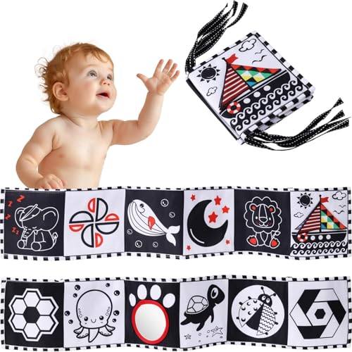 AQCQDQ Schwarz Weiß Doppelseitig Baby Stoffbuch, Kontrastkarten Baby Spielzeug 0 6 Monate Mit Beißring mit Spiegel, Kontrastkarten Stoffbücher Neugeboren Babygeschenk (78×14cm,Schiff) von AQCQDQ