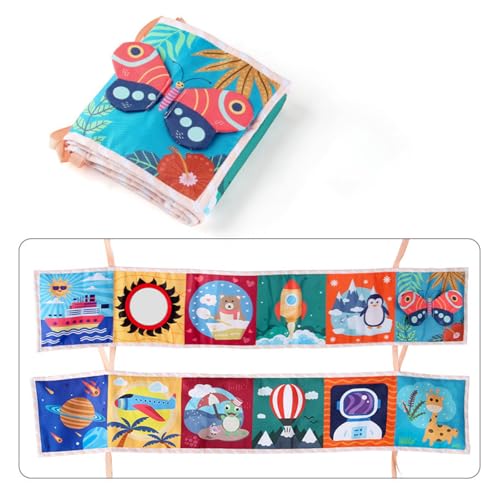 AQCQDQ Schwarz Weiß Doppelseitig Baby Stoffbuch, Kontrastkarten Baby Spielzeug 0 6 Monate Mit Beißring mit Spiegel, Kontrastkarten Stoffbücher Neugeboren Babygeschenk (78×14cm,Schmetterlinge) von AQCQDQ