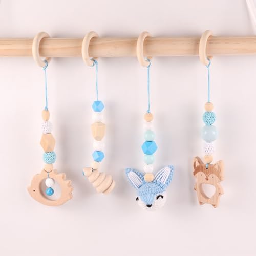 AQCQDQ Spielbogen Baby Holz Anhänger Gym Babyschale Holz, Hängespielzeug Baby Bett Hängendes Rassel Spielzeug für Babybett Kinderwagen Autositz Spielzeug (Blau) von AQCQDQ