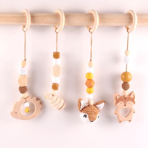 AQCQDQ Spielbogen Baby Holz Anhänger Gym Babyschale Holz, Hängespielzeug Baby Bett Hängendes Rassel Spielzeug für Babybett Kinderwagen Autositz Spielzeug (Braun) von AQCQDQ