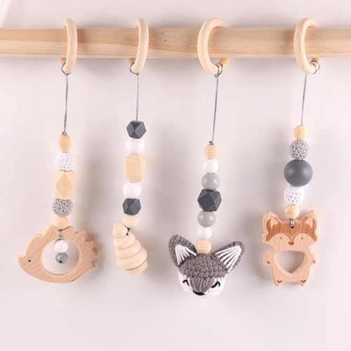 AQCQDQ Spielbogen Baby Holz Anhänger Gym Babyschale Holz, Hängespielzeug Baby Bett Hängendes Rassel Spielzeug für Babybett Kinderwagen Autositz Spielzeug (Grau) von AQCQDQ