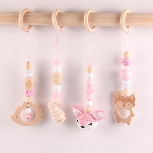 AQCQDQ Spielbogen Baby Holz Anhänger Gym Babyschale Holz, Hängespielzeug Baby Bett Hängendes Rassel Spielzeug für Babybett Kinderwagen Autositz Spielzeug (Rosa) von AQCQDQ