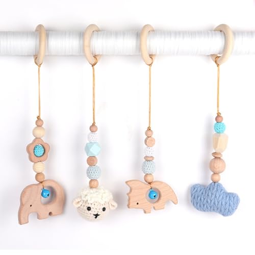 AQCQDQ Spielbogen Baby Holz Anhänger ab 0 Monate, Babyschale Anhänger Holz, Anhänger Baby Gym, 4 Stück Hängespielzeug Kinderwagen Geschenk für Neugeborene Mädchen (Blau) von AQCQDQ