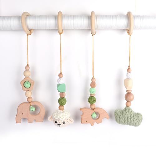 AQCQDQ Spielbogen Baby Holz Anhänger ab 0 Monate, Babyschale Anhänger Holz, Anhänger Baby Gym, 4 Stück Hängespielzeug Kinderwagen Geschenk für Neugeborene Mädchen (Grün) von AQCQDQ